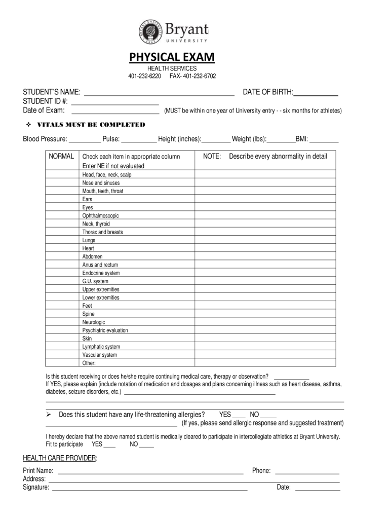 Basic Physical Exam Forms Free Printable