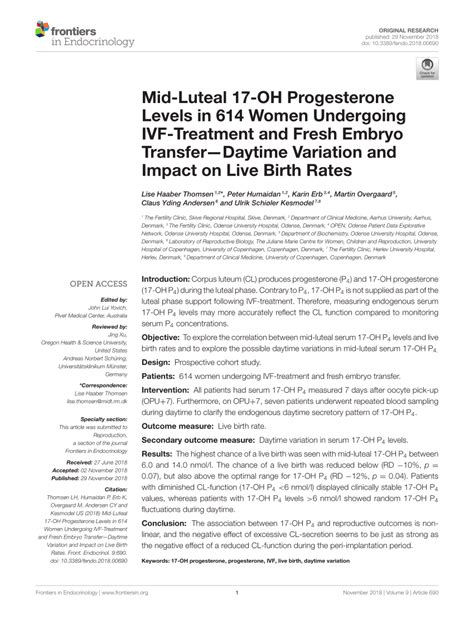 Frontiers Mid Luteal 17 Oh Progesterone Levels In 614 Women Undergoing Ivf Treatment And Fresh Embryo Transfer Daytime Variation And Impact On Live Birth Rates