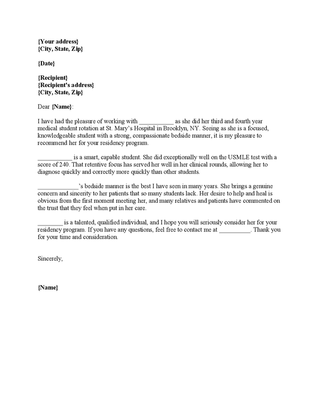 Sample Letter Of Recommendation For Internal Medicine Residency